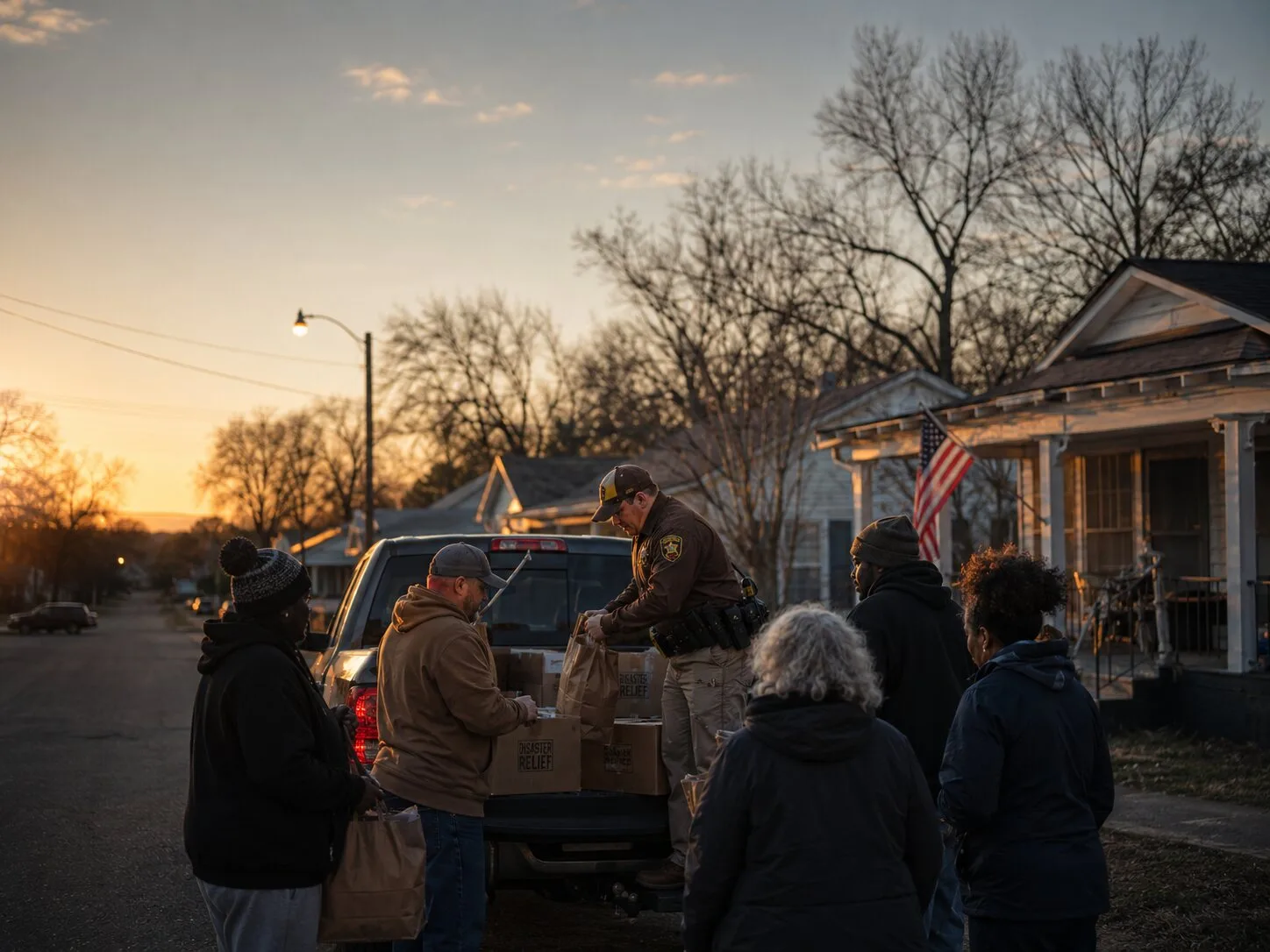 A sheriff's deputy sharing groceries with a central Mississippi family