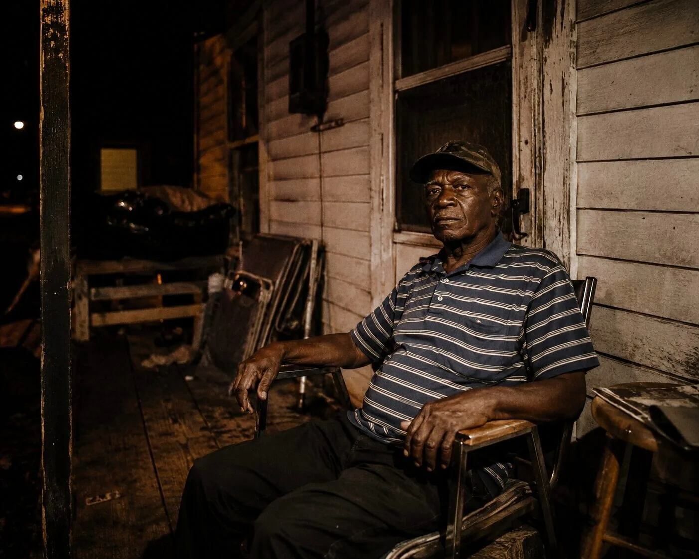 An older Mississippi resident sitting outside his home at night