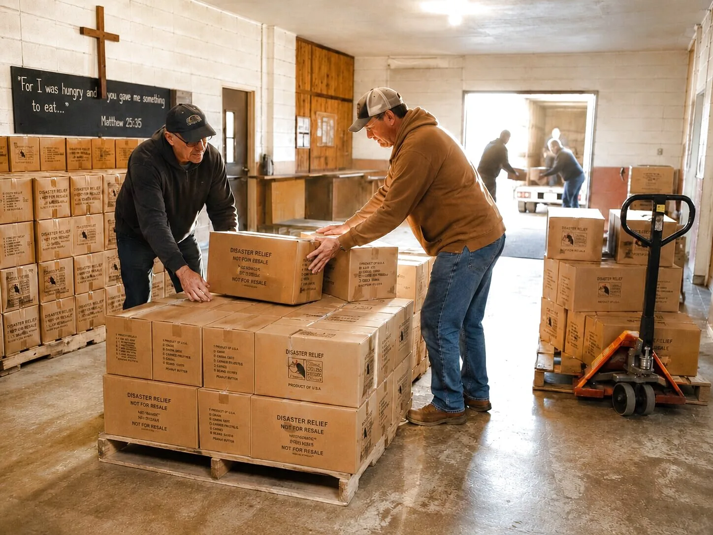 Volunteers organizing food relief boxes in central Mississippi